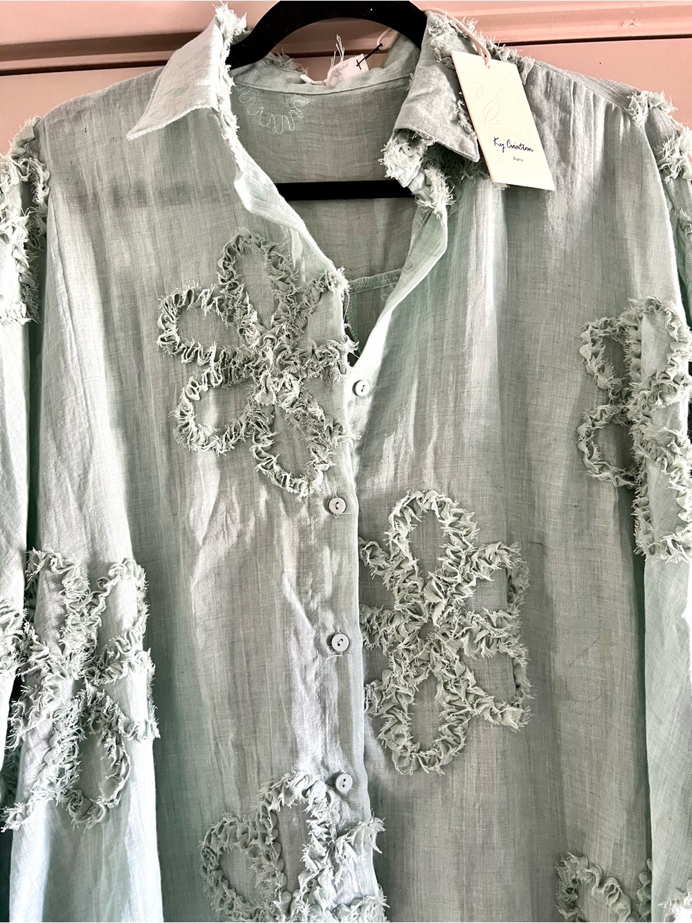 Light Green Floral Appliqué Button-Down Shirt